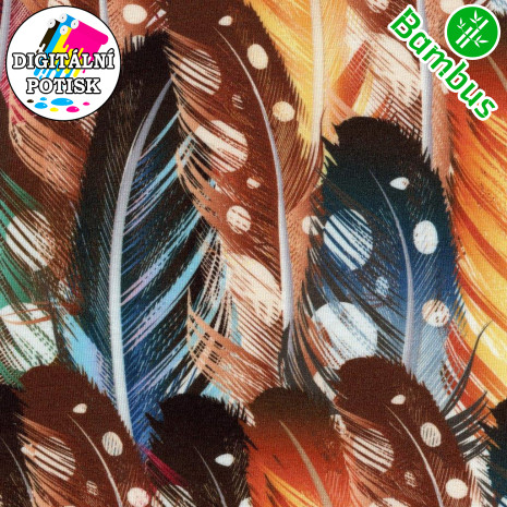 Jednolíc elastický BAMBUS Vis. /8%Lycra digi tisk FEATHERS