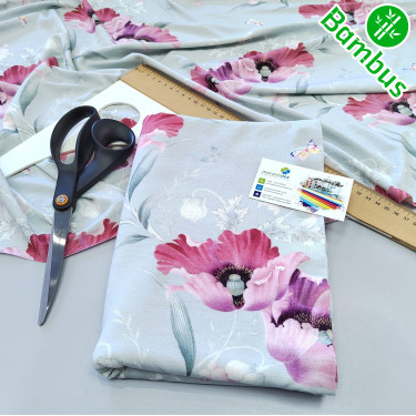 Balíček 1metr - Jednolíc elastický BAMBUS Vis./6%Elastan digi tisk Vlčí máky (0,38kg)