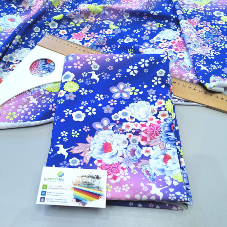 Balíček 1metr - Jednolíc elastický bavlna/Elastan6% DIGI tisk Flowers Joy modrý